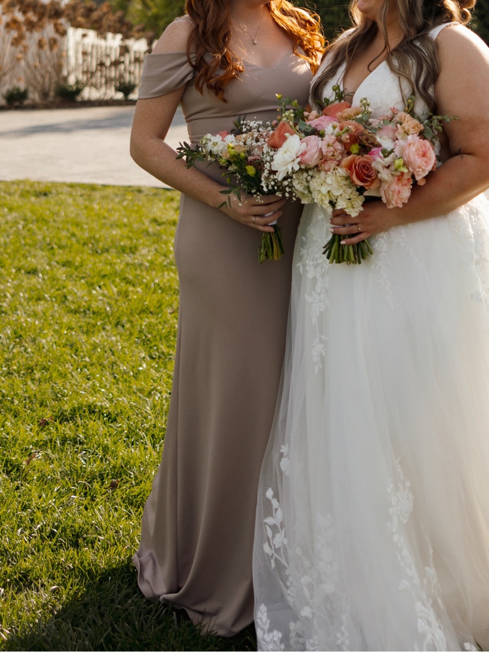 Azazie Crepe Taupe Off The Shoulder Dress